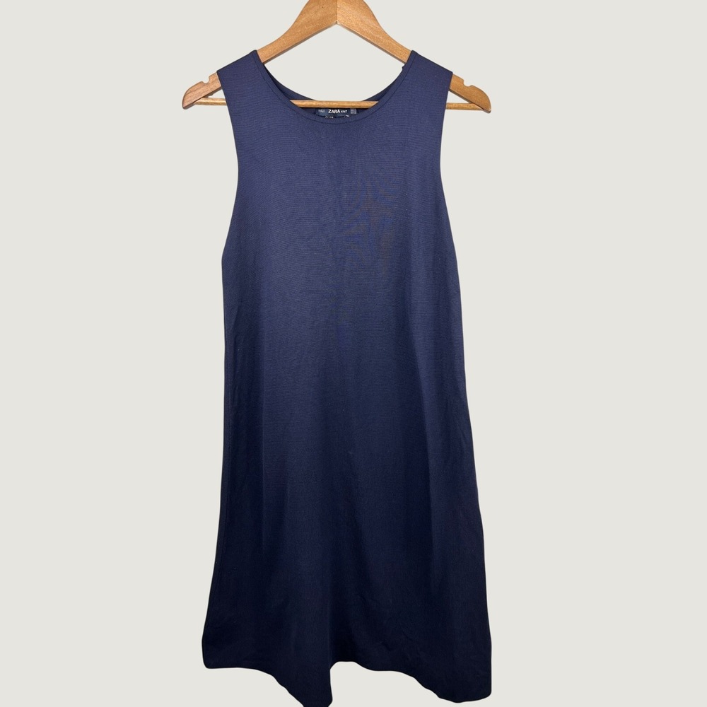 Zara Knit Dress M Navy Blue Sleeveless Lace Up Back Mini Contemporary 3859/502
